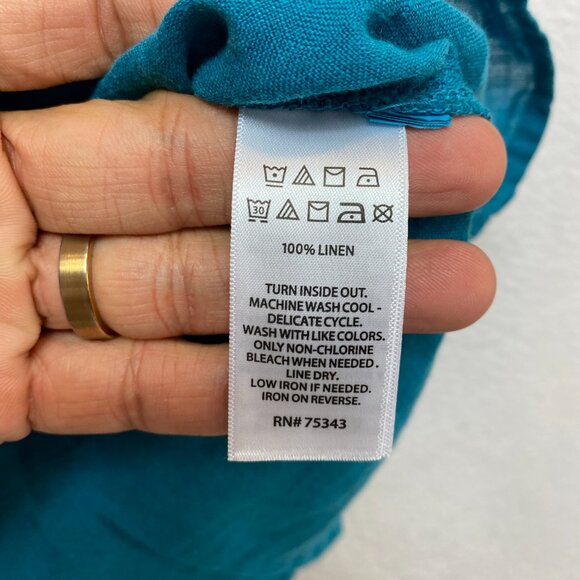 Tahari Top Womens M Teal Blue Short Sleeve Boxy Linen V Slit Neckline - Picture 7 of 11